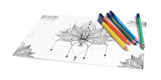 Photo of Antistress coloring page and pencils on white background