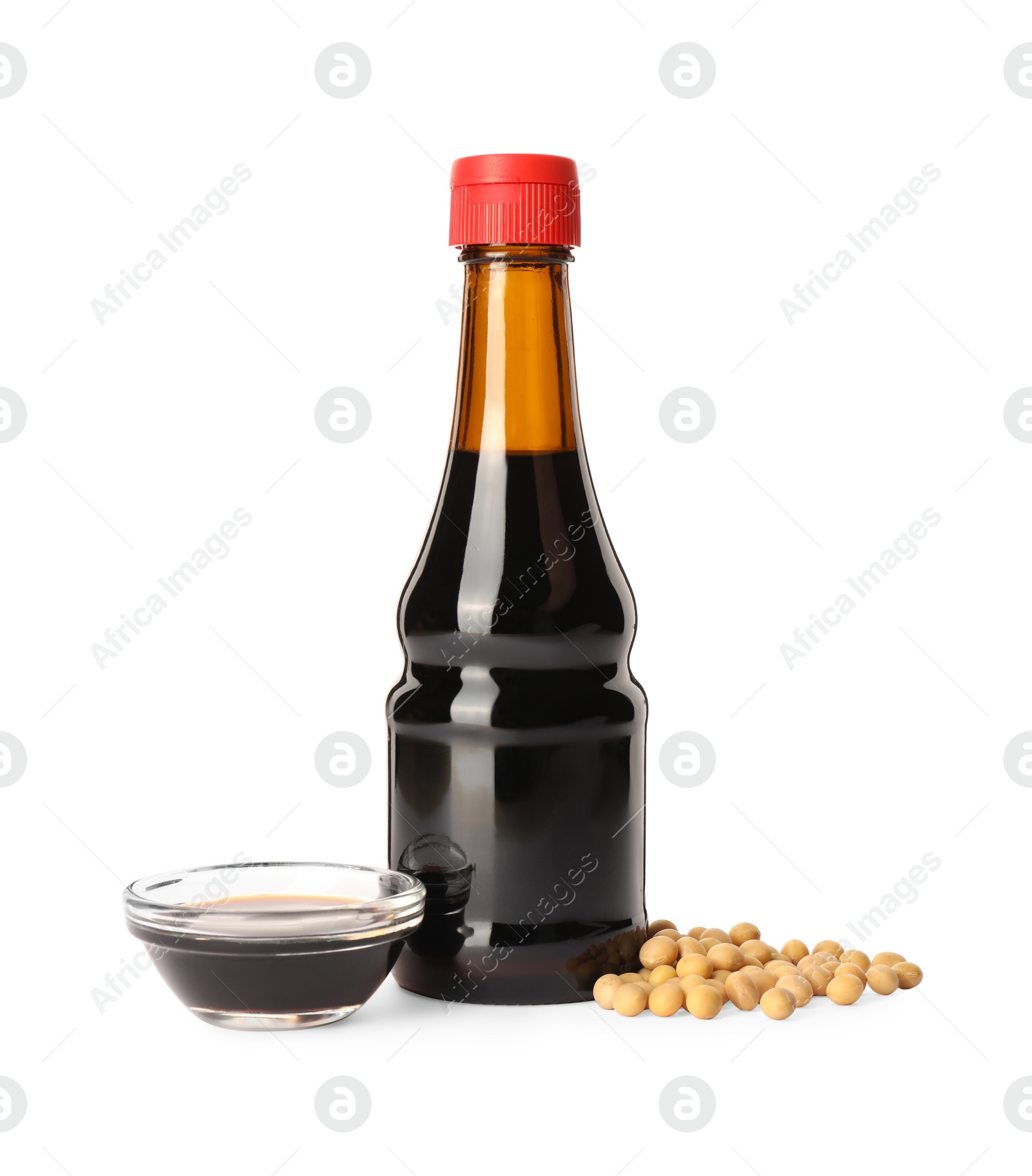 Photo of Natural soy sauce and soybeans isolated on white
