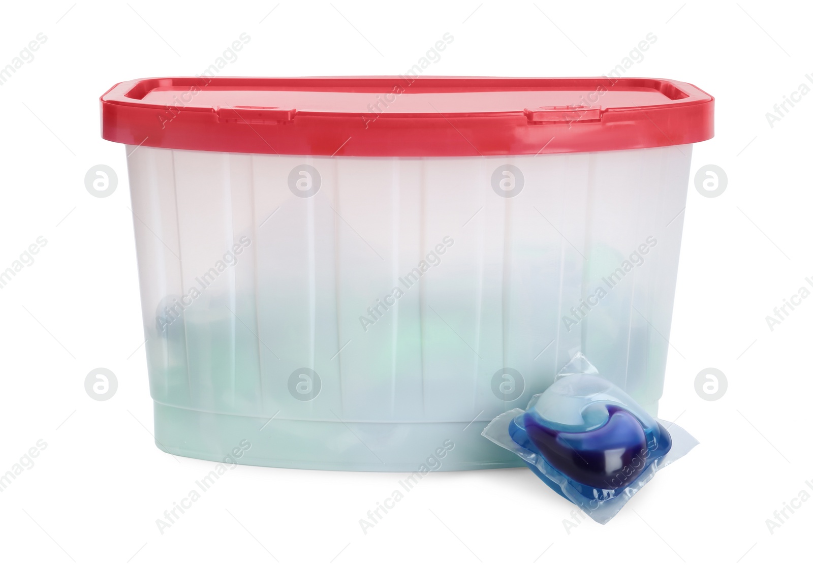 Photo of Laundry capsule and box on white background