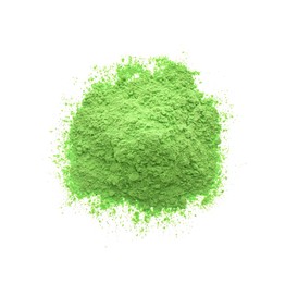 Pile of green powder isolated on white, top view. Holi festival celebration