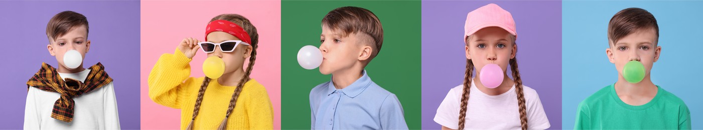 Image of Cute children blowing bubble gums on color backgrounds, set of photos