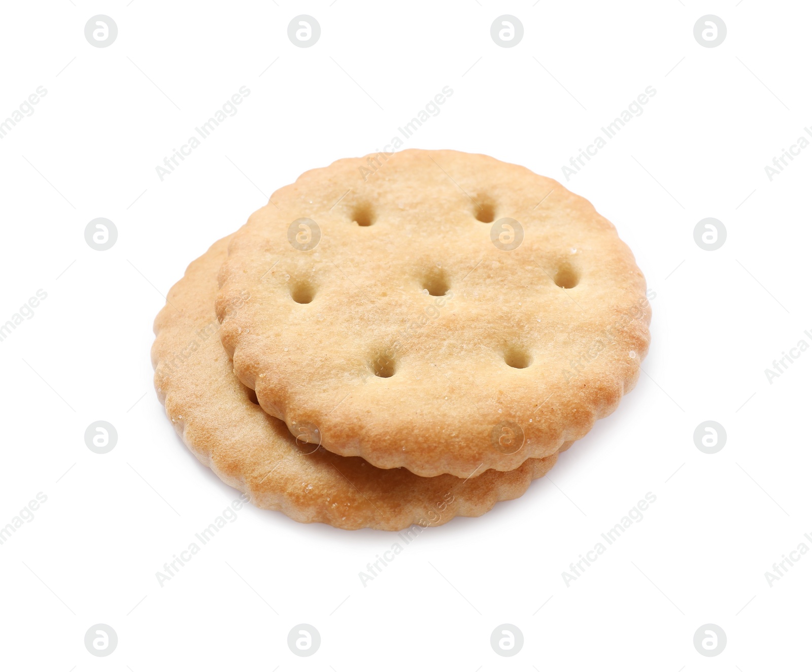 Photo of Two crispy crackers isolated on white. Delicious snack