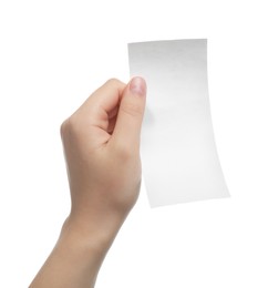 Woman holding piece of blank thermal paper for receipt on white background, closeup
