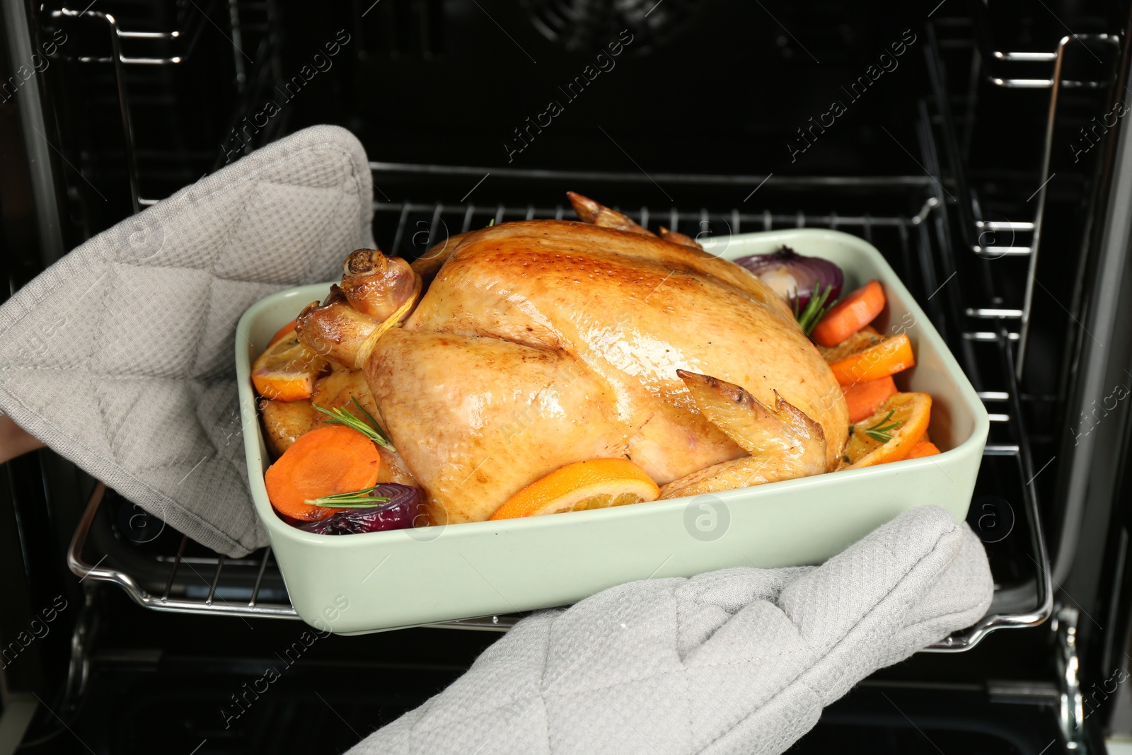 Photo of Woman taking baked chicken with oranges and vegetables out of oven, closeup