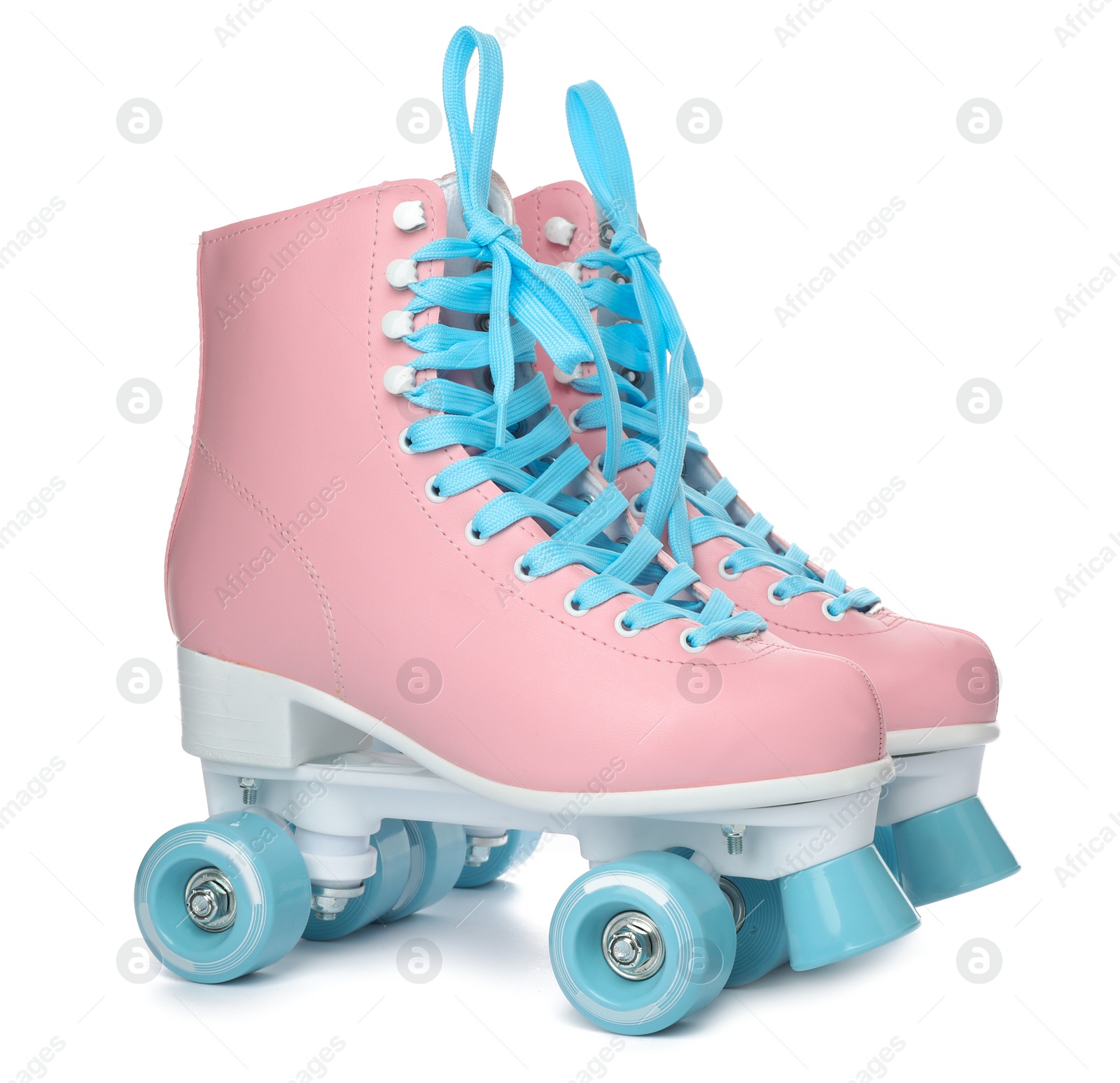 Photo of Pair of bright stylish roller skates on white background