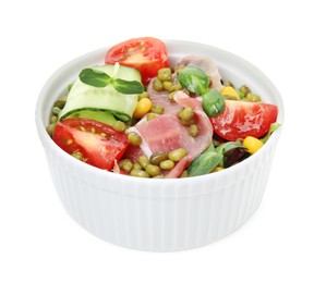 Photo of Bowl of salad with mung beans isolated on white