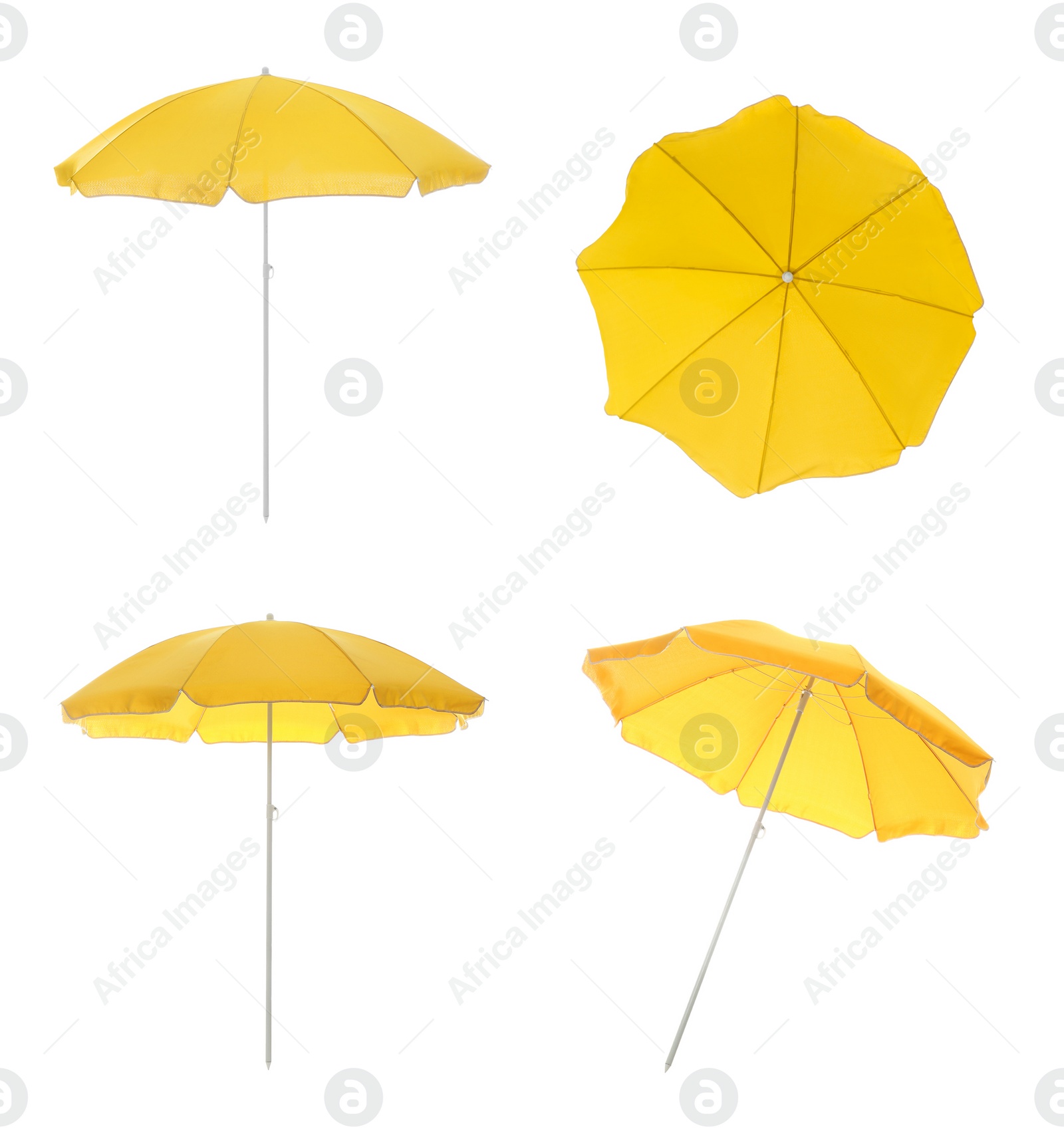 Image of Set with yellow beach umbrellas on white background 