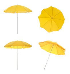 Image of Set with yellow beach umbrellas on white background 