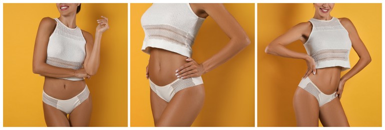 Collage with photos of woman wearing white underwear on yellow background. Banner design