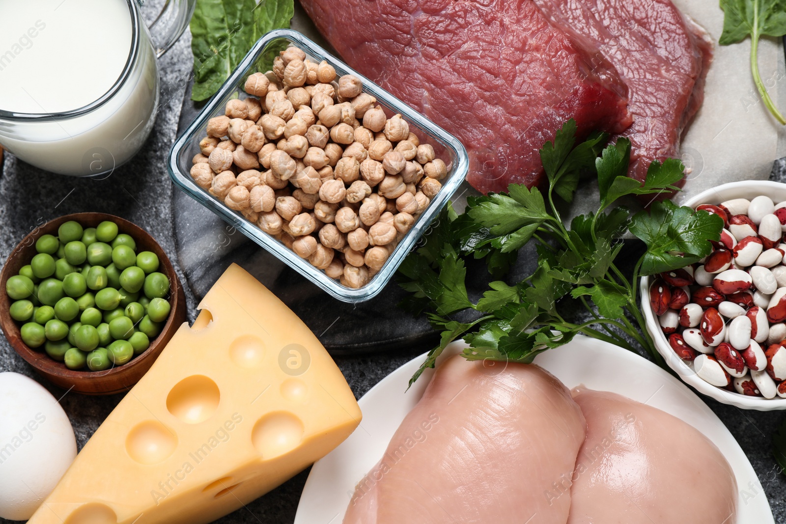 Photo of Products rich in protein on table, flat lay