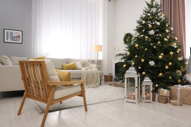 Christmas tree in furnished living room. Festive interior design