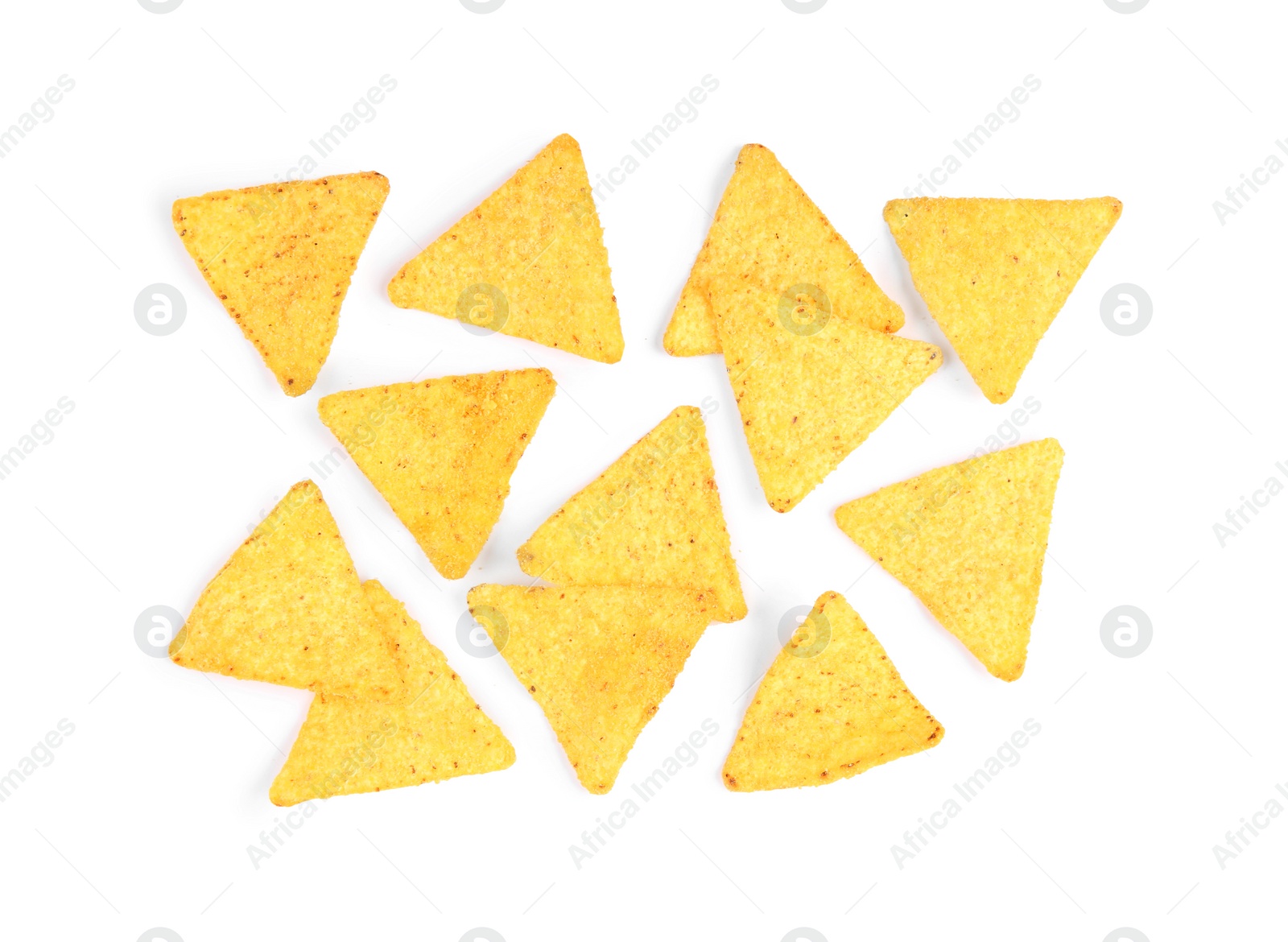 Photo of Tasty Mexican nachos chips on white background, top view