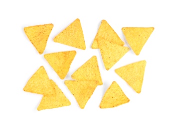 Tasty Mexican nachos chips on white background, top view