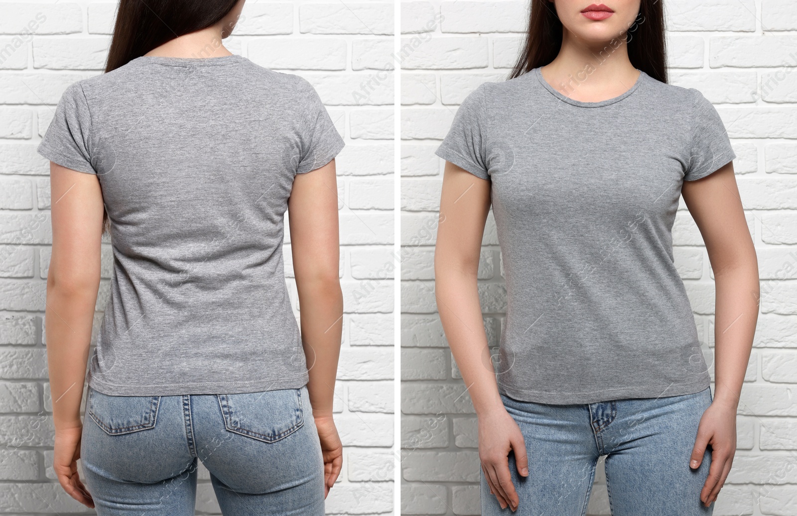 Image of Woman wearing grey t-shirt near white brick wall, back and front view. Mockup for design