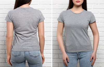 Image of Woman wearing grey t-shirt near white brick wall, back and front view. Mockup for design