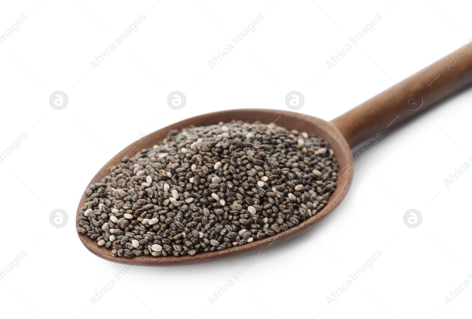 Photo of Wooden spoon with chia seeds isolated on white