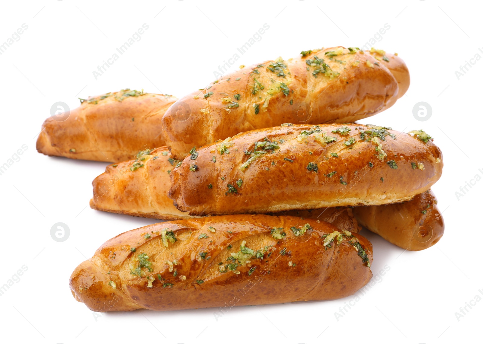 Photo of Bread loaves with garlic and herbs on white background