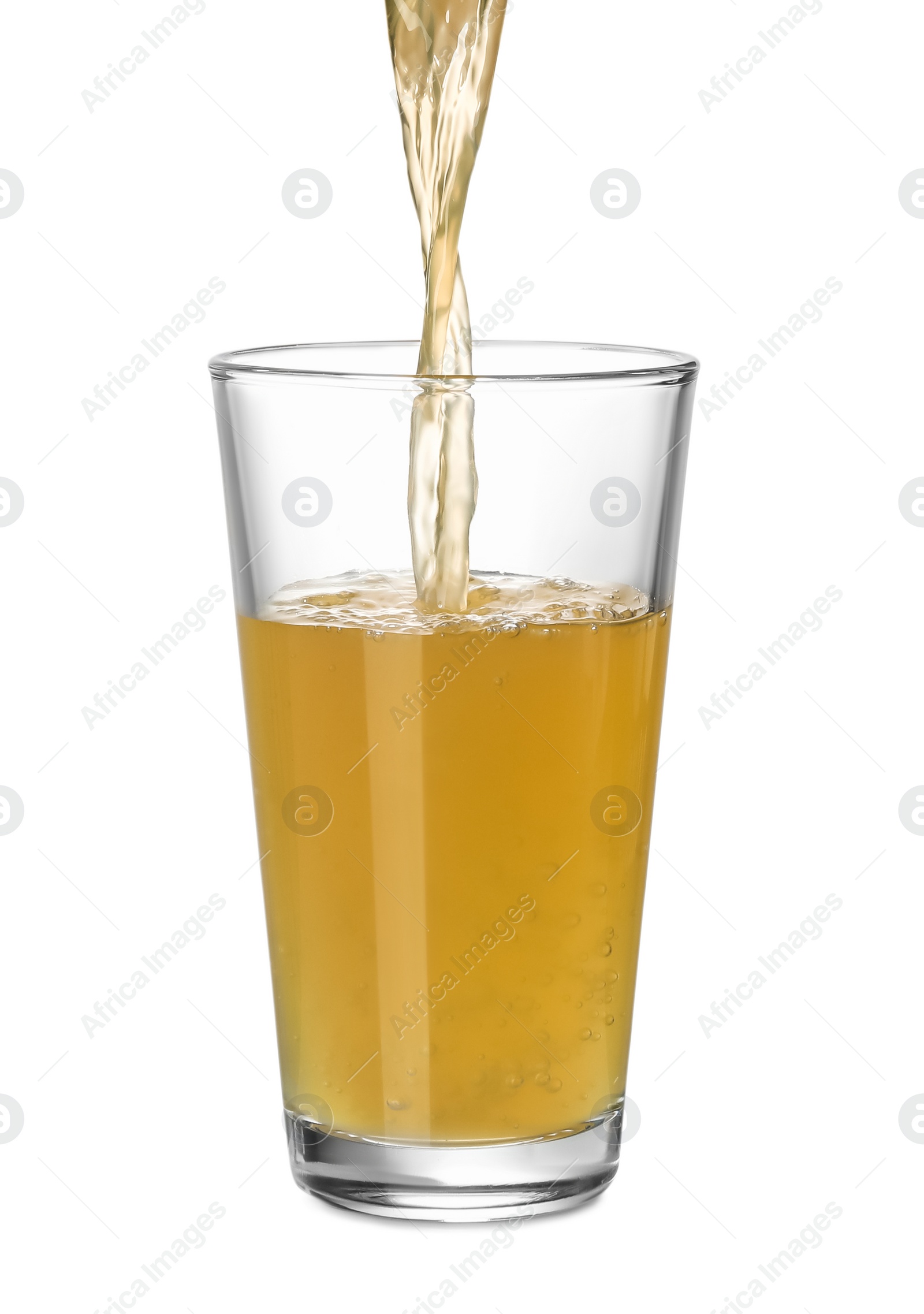 Photo of Pouring fresh juice into glass on white background