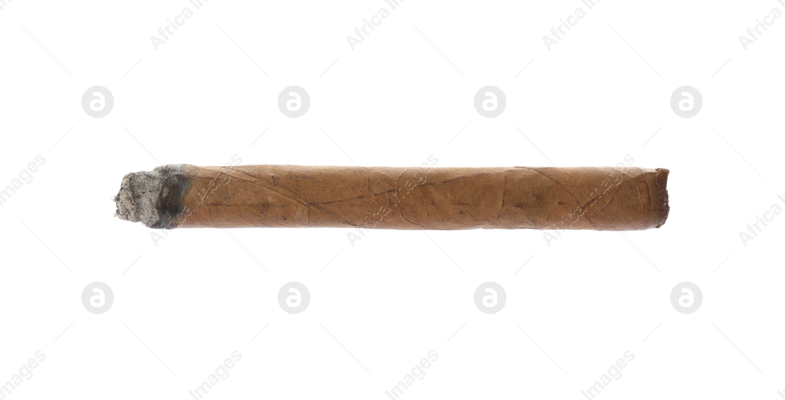 Photo of One brown cigar smoldering isolated on white