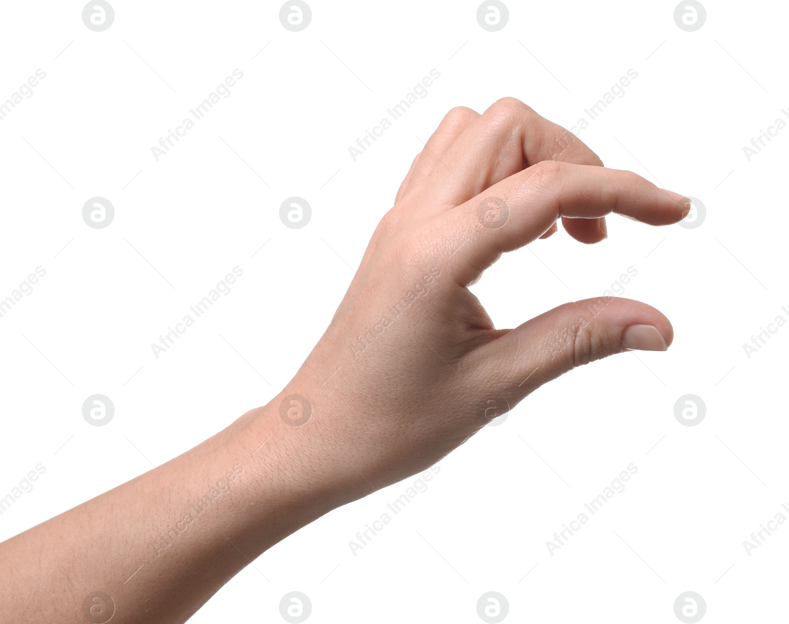 Photo of Woman holding something in hand on white background, closeup