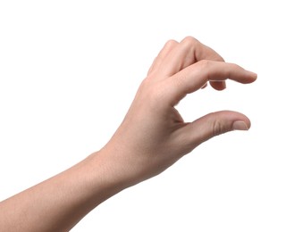 Woman holding something in hand on white background, closeup