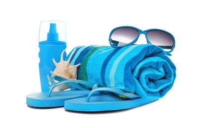 Photo of Composition with beach objects on white background