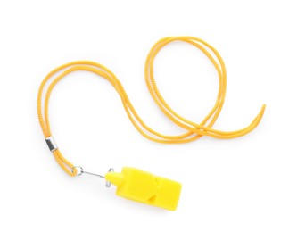 Photo of One yellow whistle with orange cord isolated on white, top view