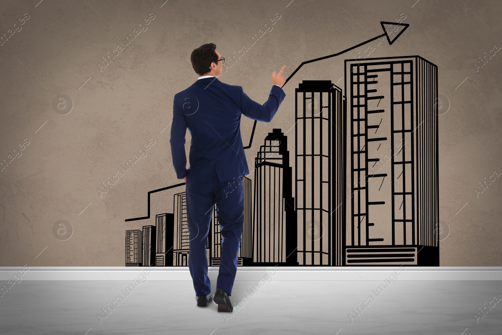 Image of Real estate agent demonstrating prices at housing market. Man pointing on graph illustration