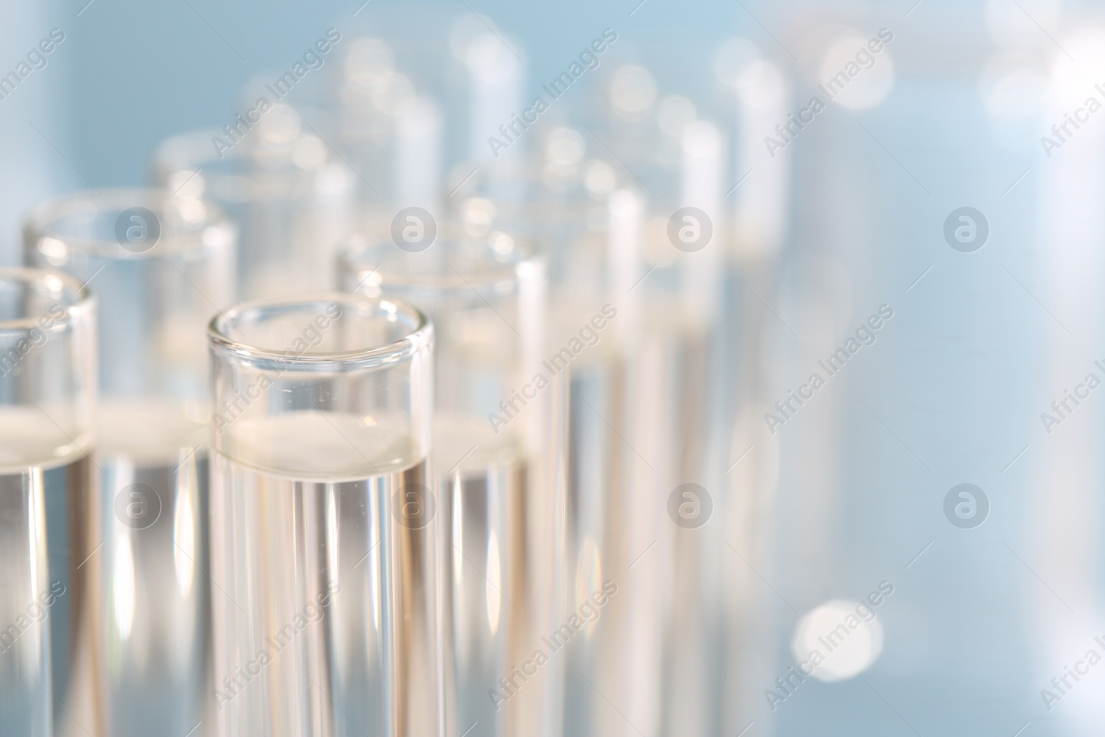 Photo of Laboratory analysis. Many glass test tubes on blurred background, closeup and space for text