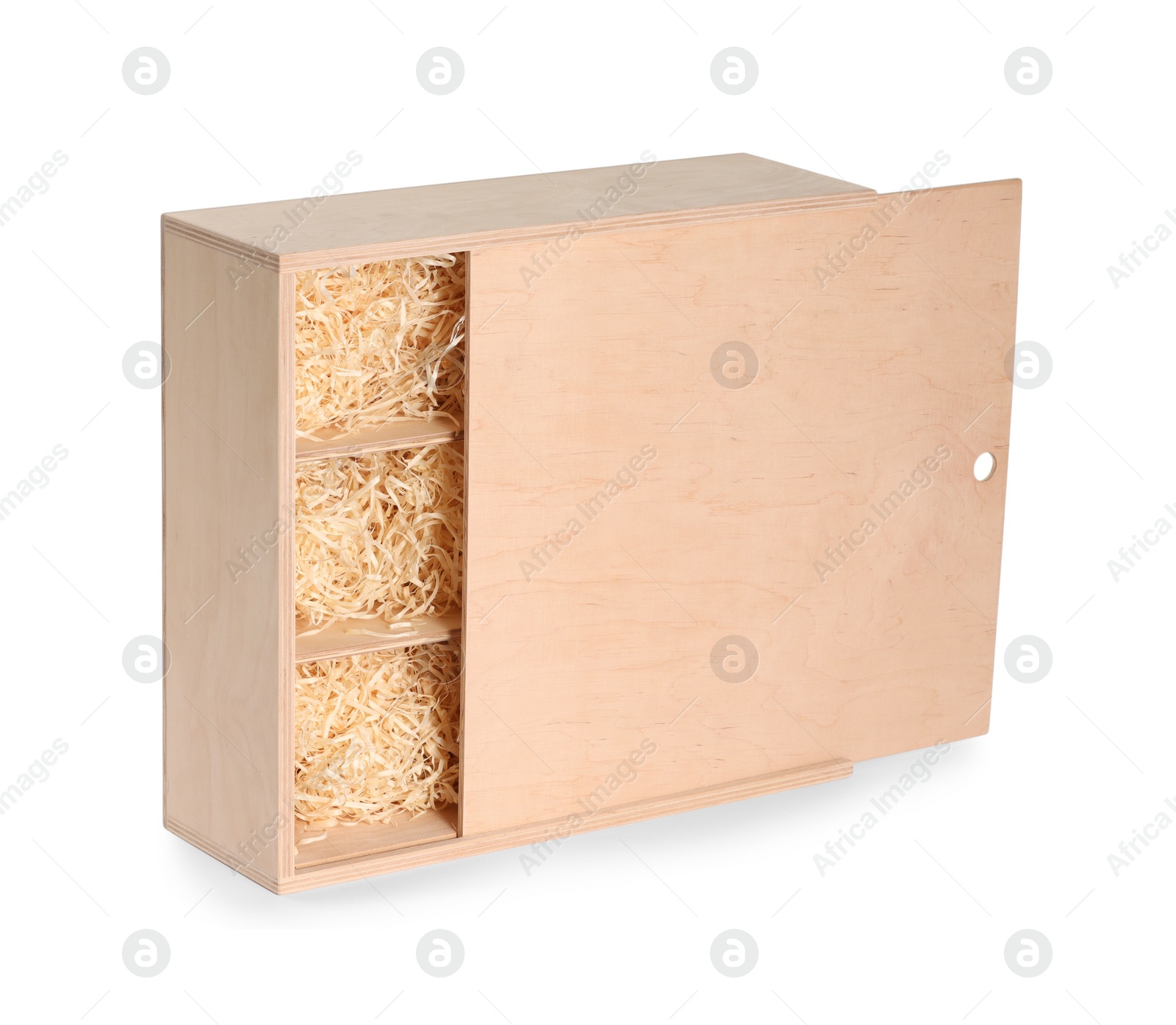 Photo of Open wooden wine box with straw isolated on white