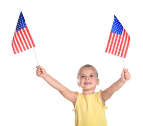 Photo of Little girl with American flags on white background