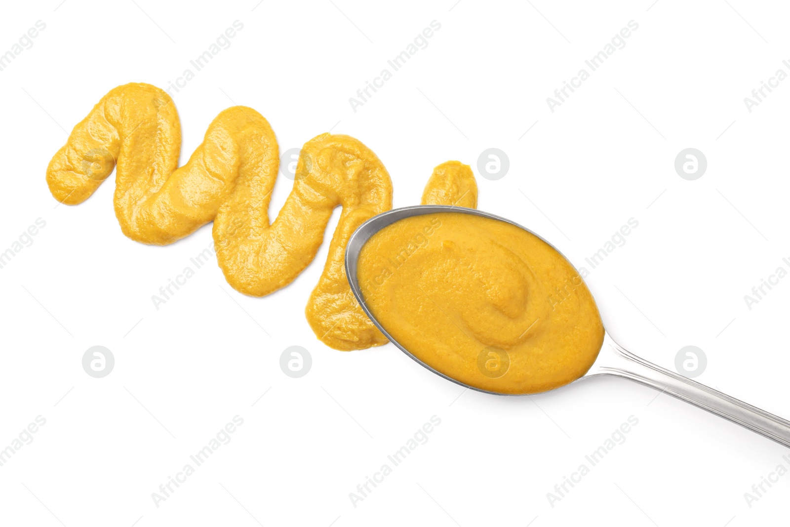 Photo of Tasty mustard sauce and spoon isolated on white, top view