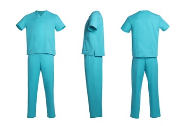 Image of Turquoise medical uniform isolated on white, collage with back, side and front views