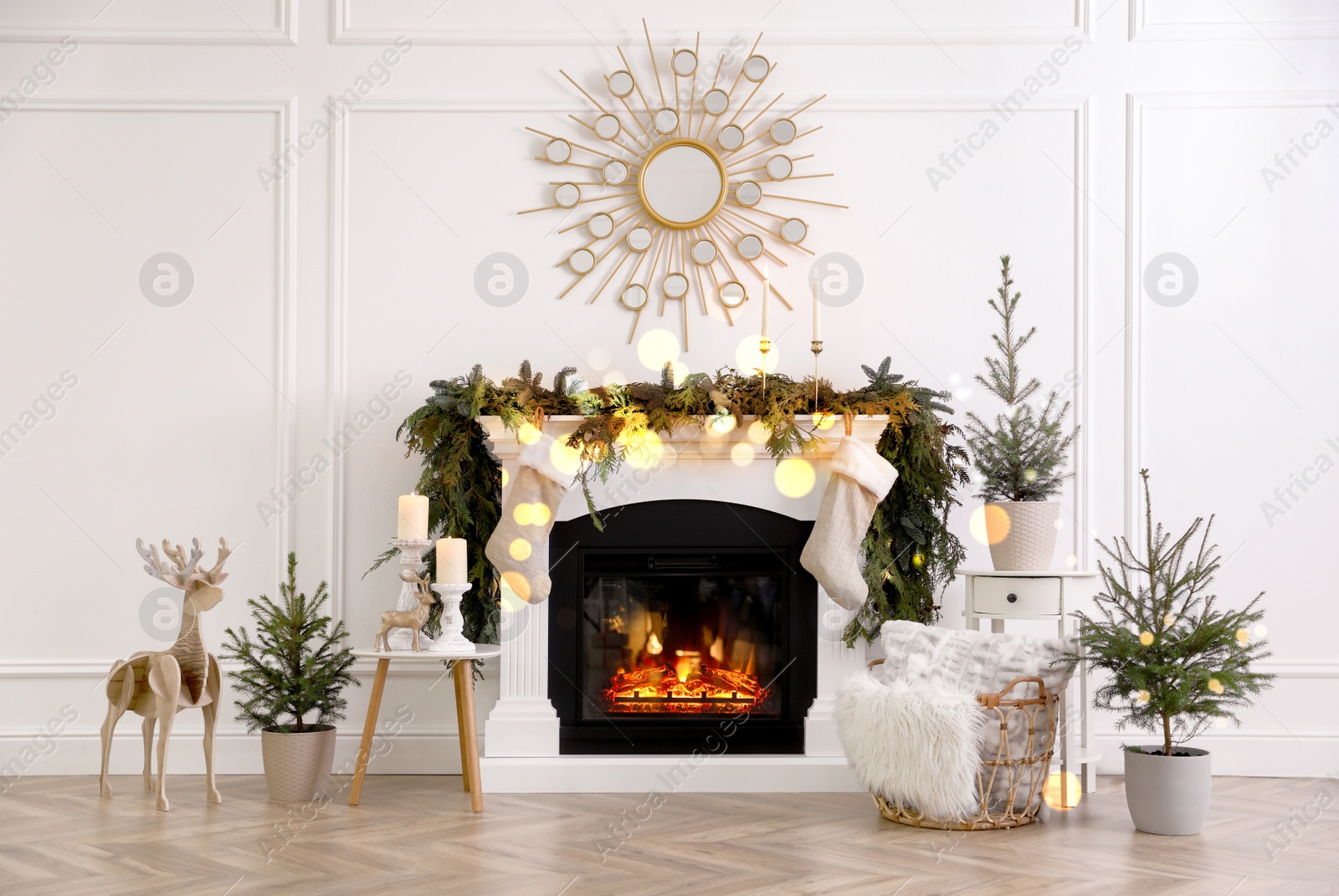 Image of Stylish room interior with fireplace and beautiful Christmas decor