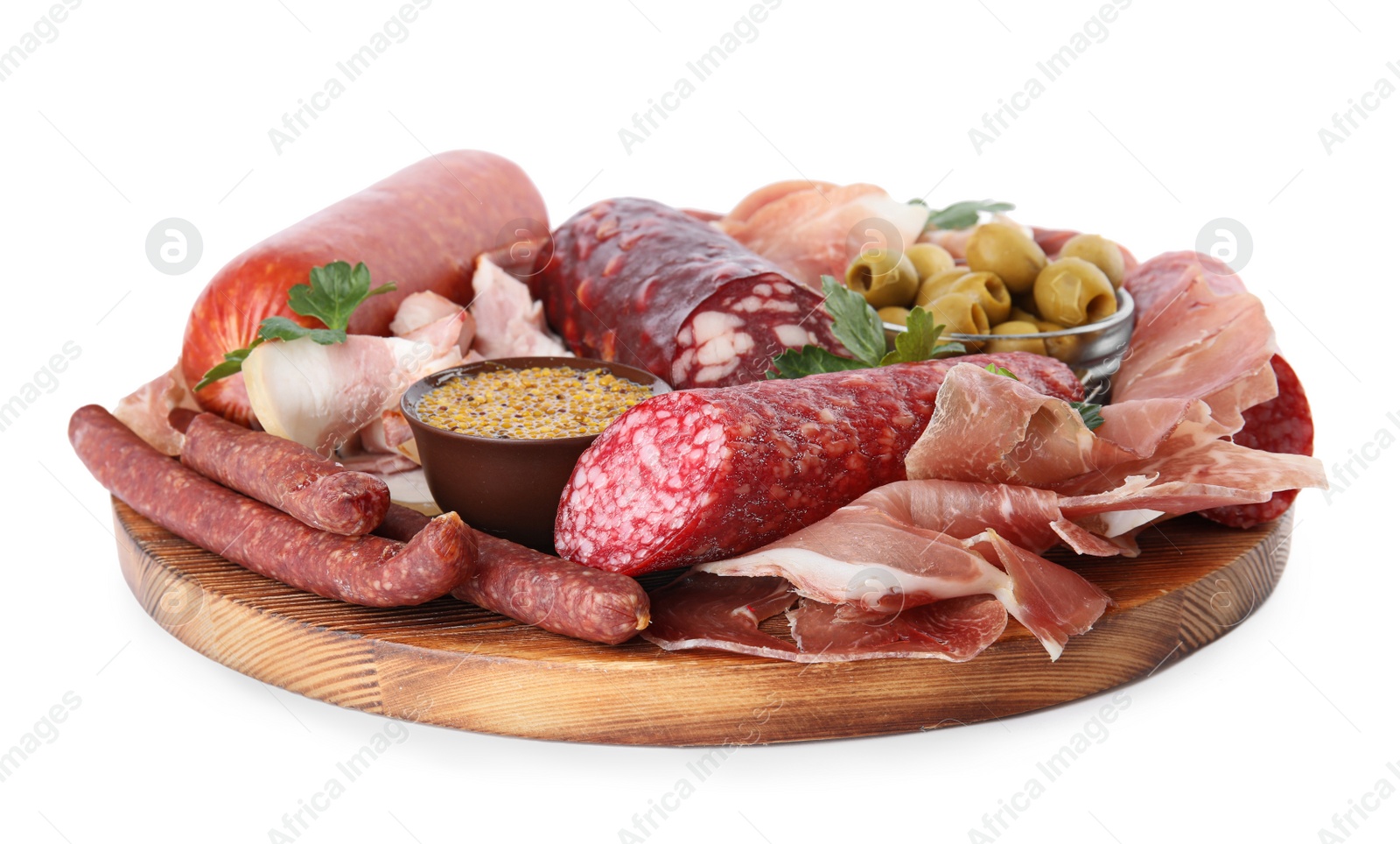 Photo of Different types of sausages with olives served on board, white background