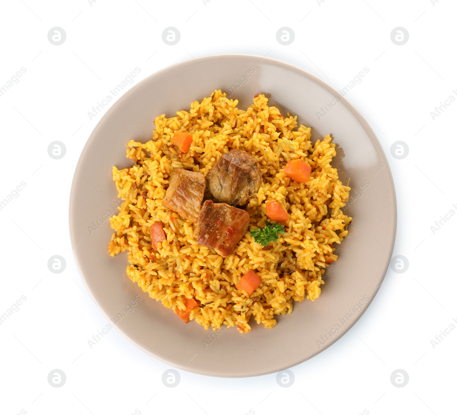 Photo of Plate with rice pilaf and meat on white background, top view