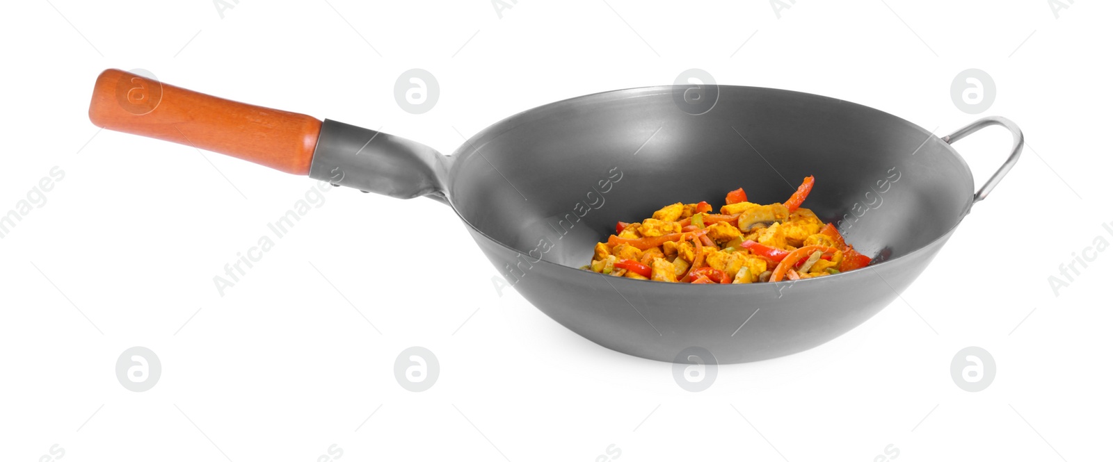 Photo of Stir-fry. Cooked vegetables and chicken in wok isolated on white