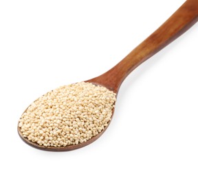 Photo of Wooden spoon with raw quinoa isolated on white