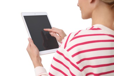 Photo of Woman using tablet with blank screen on white background, closeup. Mockup for design