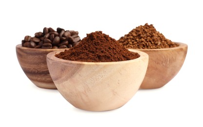 Photo of Bowls of beans, instant and ground coffee on white background