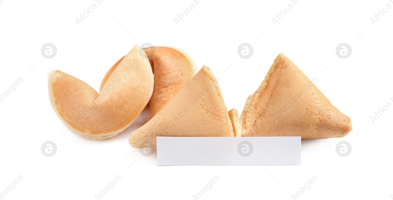 Photo of Traditional fortune cookies with prediction on white background