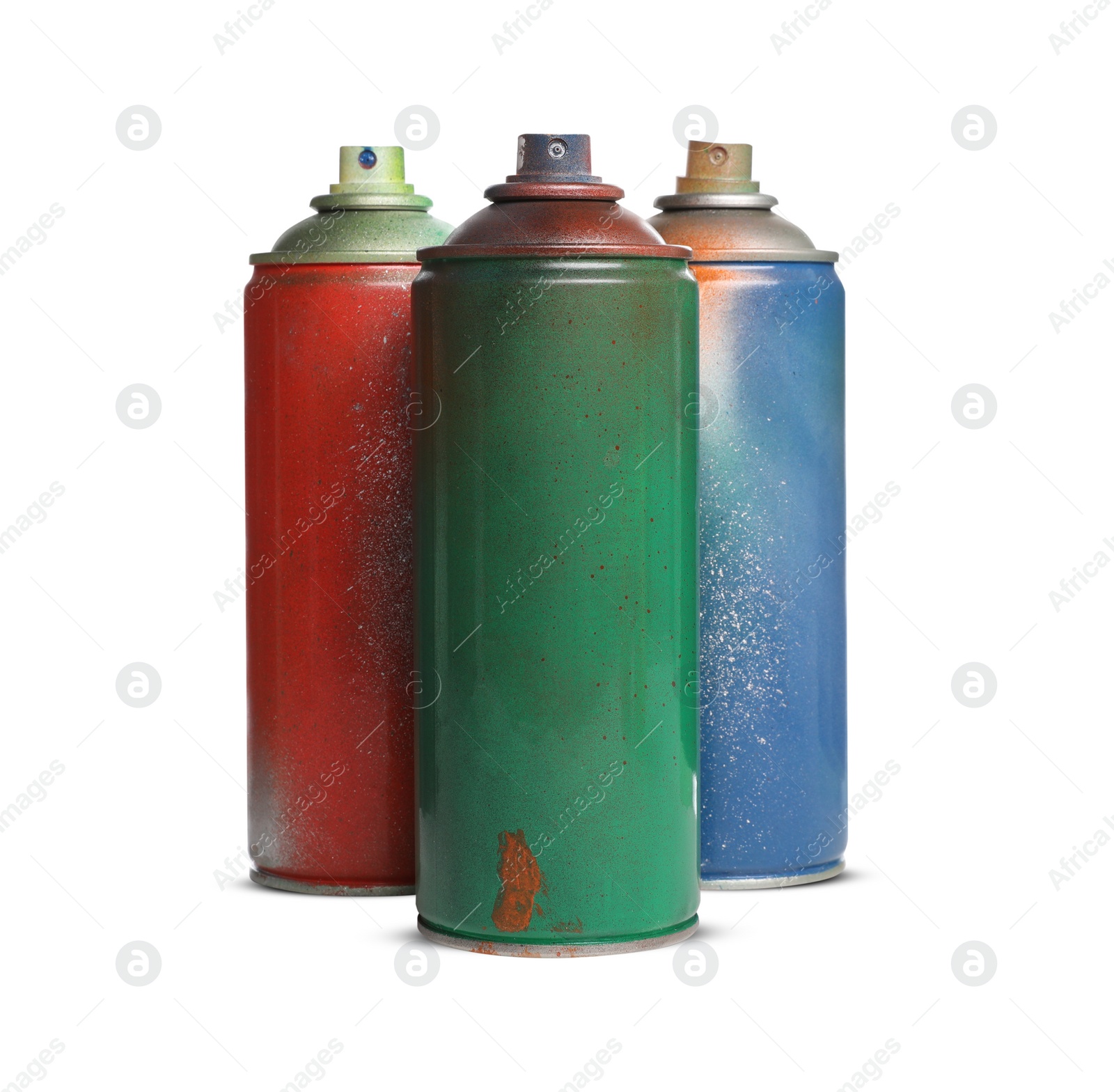 Photo of Used cans of spray paints on white background