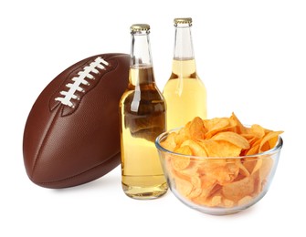 American football ball, beer and chips on white background