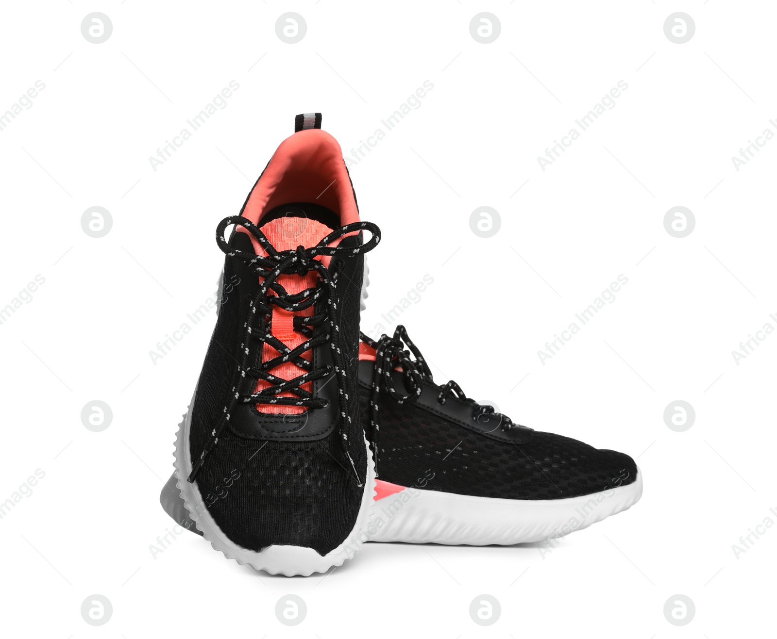 Photo of Pair of stylish sport shoes on white background