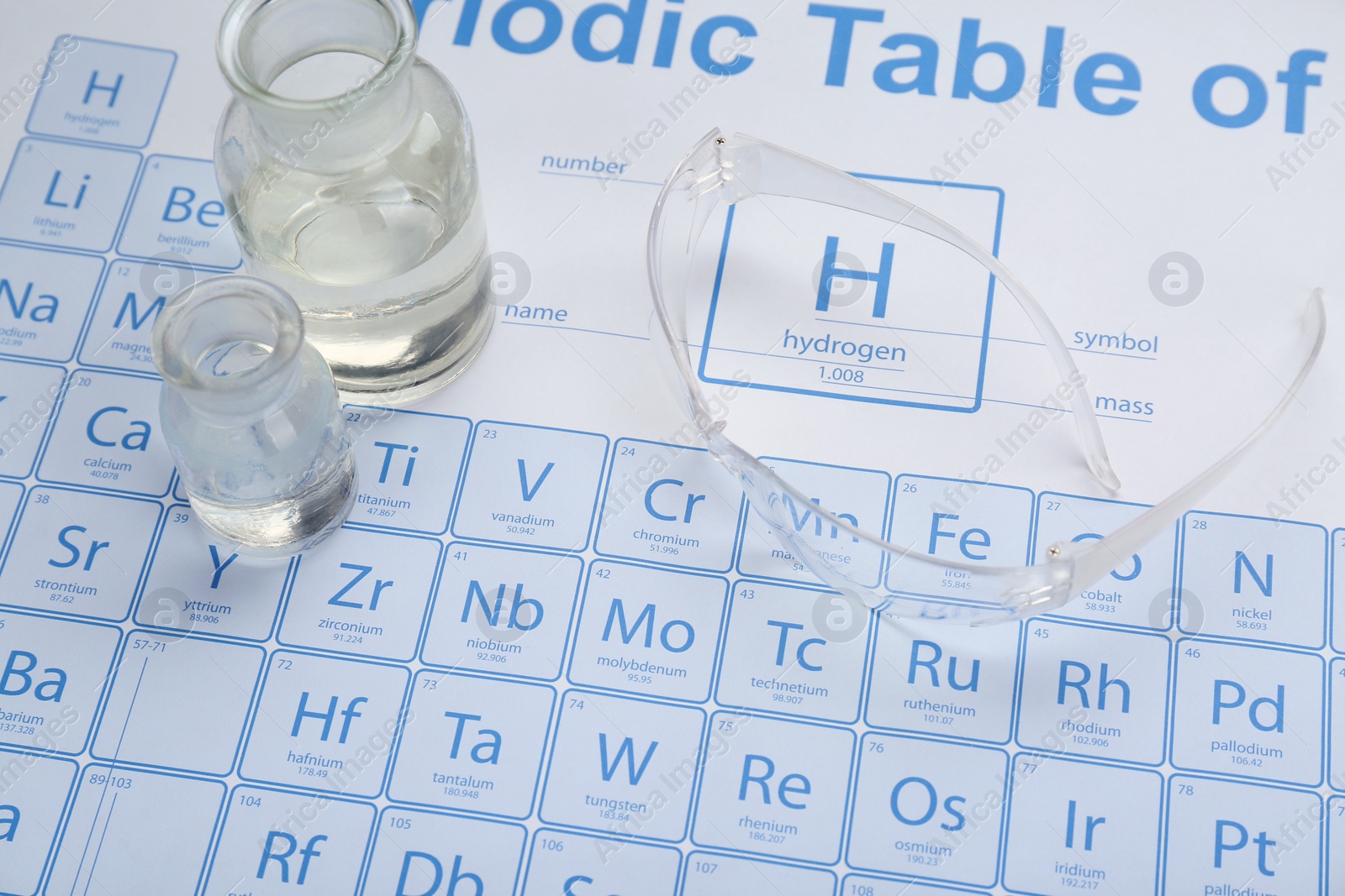 Photo of Flasks and protective glasses on periodic table of chemical elements, closeup