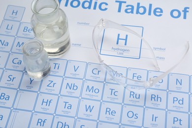 Photo of Flasks and protective glasses on periodic table of chemical elements, closeup