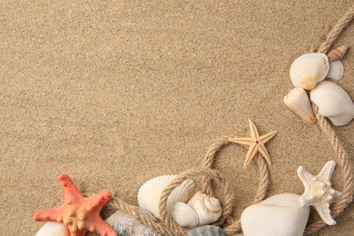 Beautiful sea stars, shells and rope on sand, flat lay. Space for text