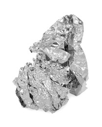 Photo of Crumpled piece of aluminum foil isolated on white