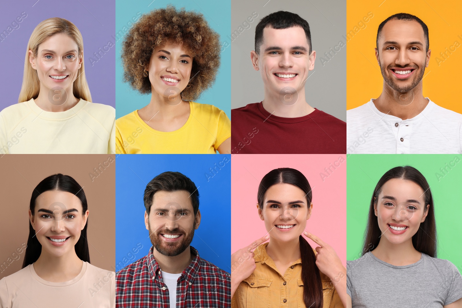 Image of People with showing white teeth on different color backgrounds, collage of photos