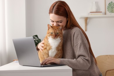 Photo of Woman with cat working at desk. Home office